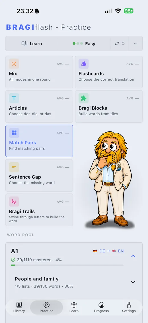Practice tab with the seven game modes: Mix, Flashcards, Articles, Bragi Blocks, Match Pairs, Sentence Gap and Bragi Trails