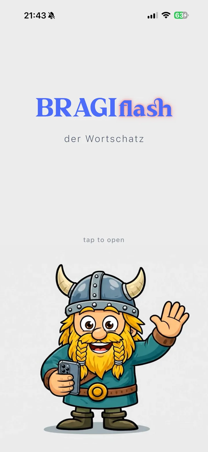 BRAGIflash welcome screen with Bragi, the Viking mascot, waving and holding a phone
