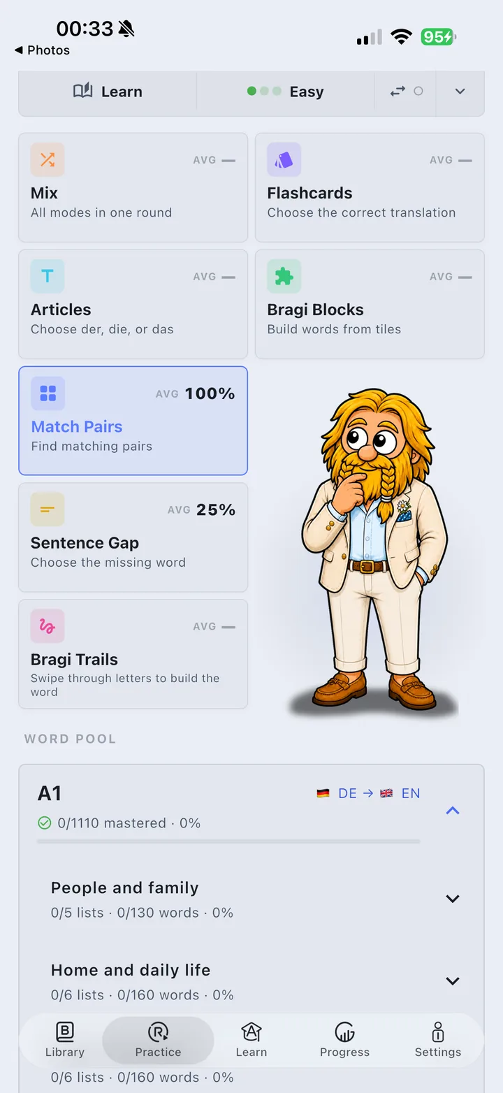 Practice tab with game modes and the A1 word pool, with Bragi thinking in a linen suit