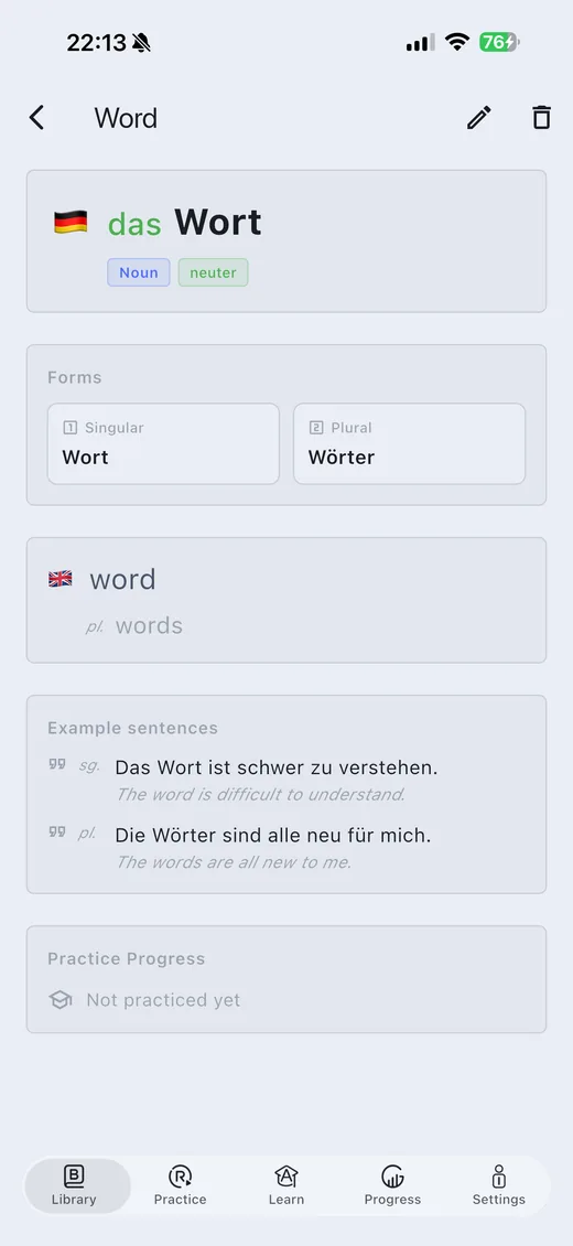 Word detail for "das Wort" with article, singular and plural forms, English translation and example sentences