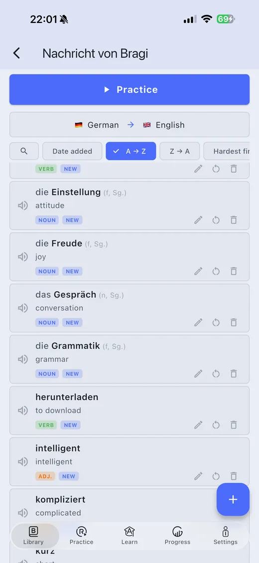 Collection of German words extracted from the scan, each with its article, English translation and word type