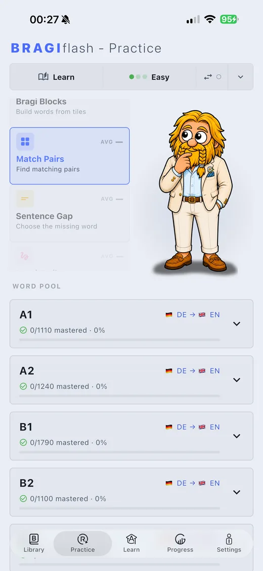 Practice word pool with the built-in vocabulary catalog grouped by CEFR levels A1 to B2
