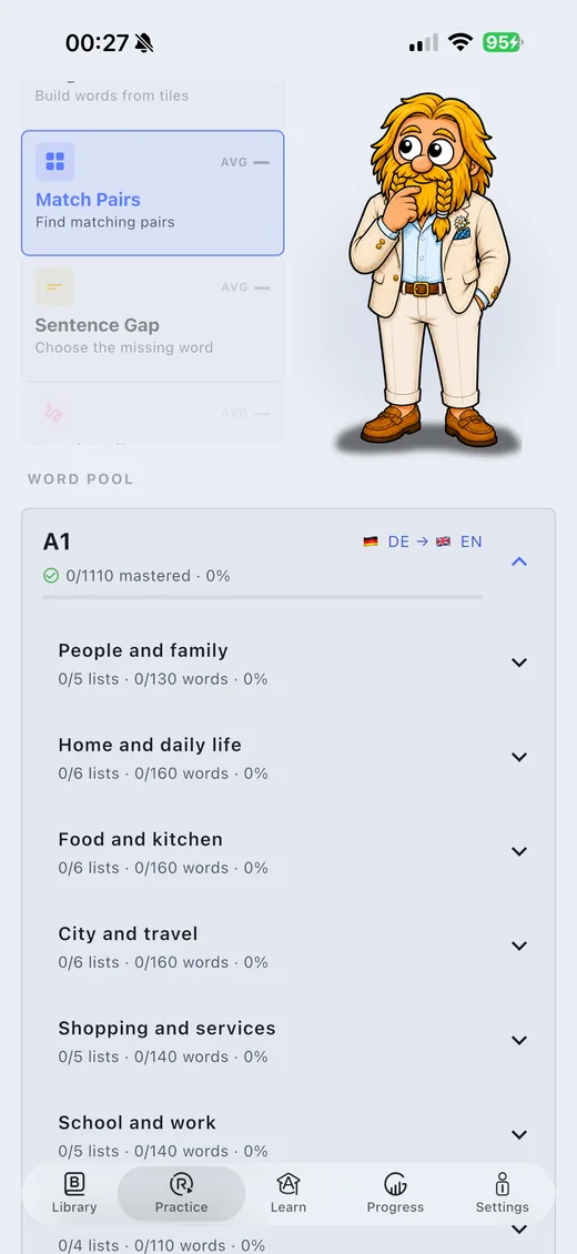 A1 level of the catalog expanded into topic categories like people, home, food and travel