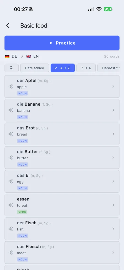Basic food vocabulary list with German nouns, their articles, gender and English translations
